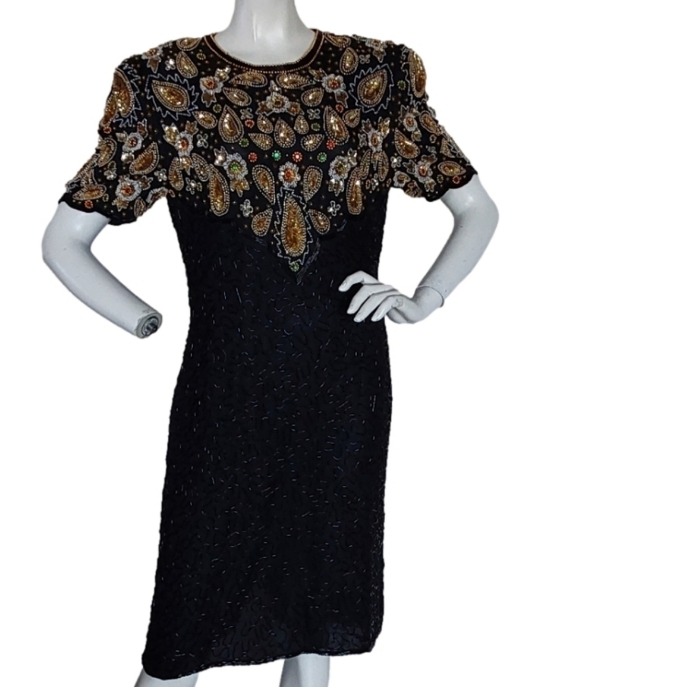 NIGHT VOGUE VINTAGE HAND BEADED SILK‎ GOWN SIZE 10